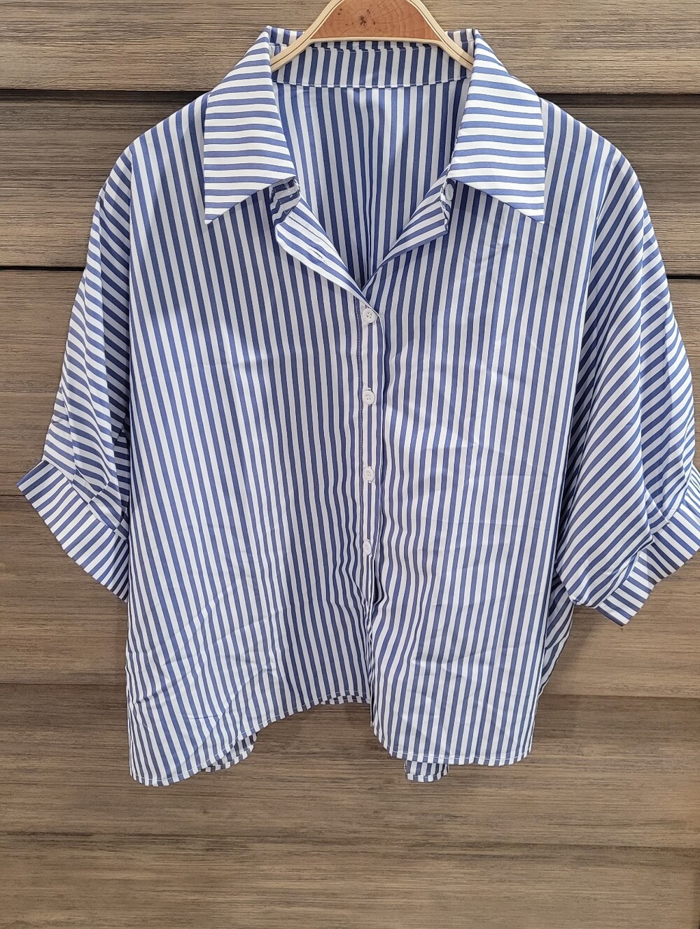 Blue and White Vertical Stripe Button-Up Shirt